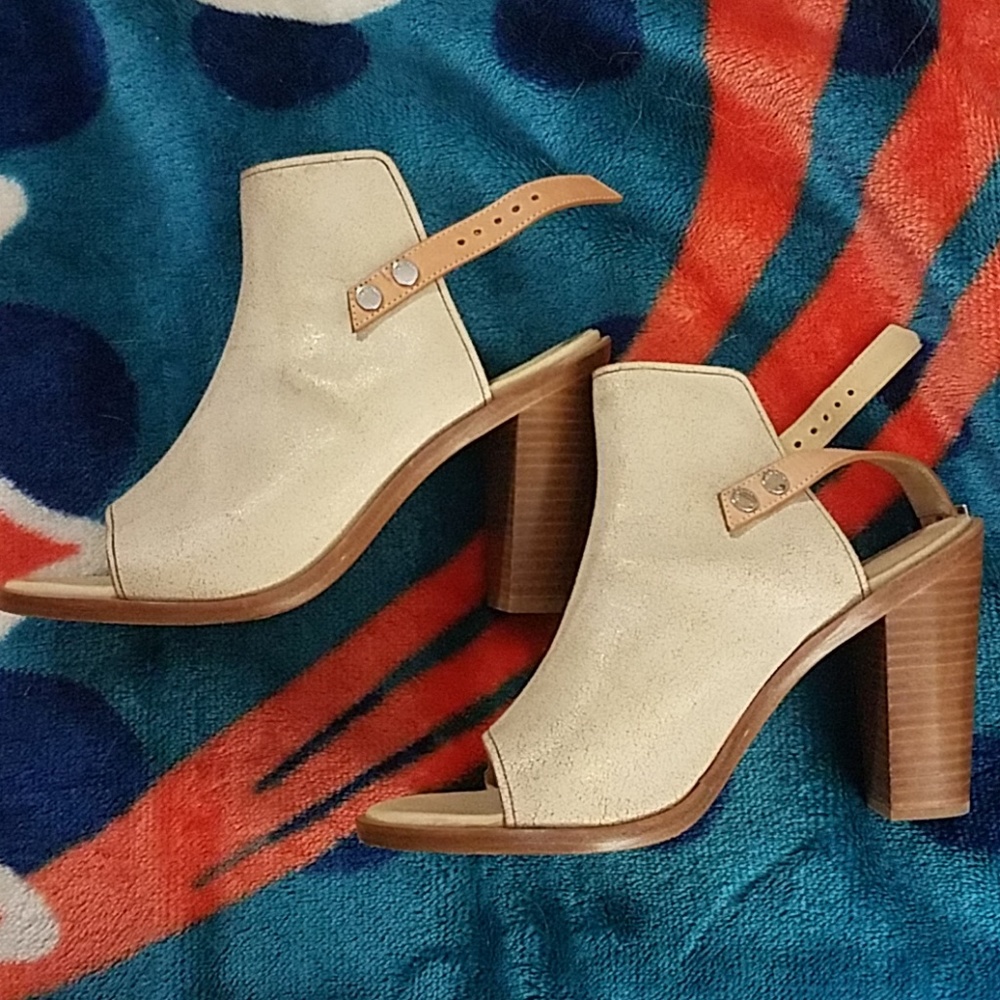 Rag & Bone Wyatt Cream Leather Open Toe Slingback Sandal Heeled Booties Sz 39